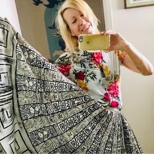 Vintage 50s Mexican Full Circle Aztec Inspired Skirt Black & White Sequins S